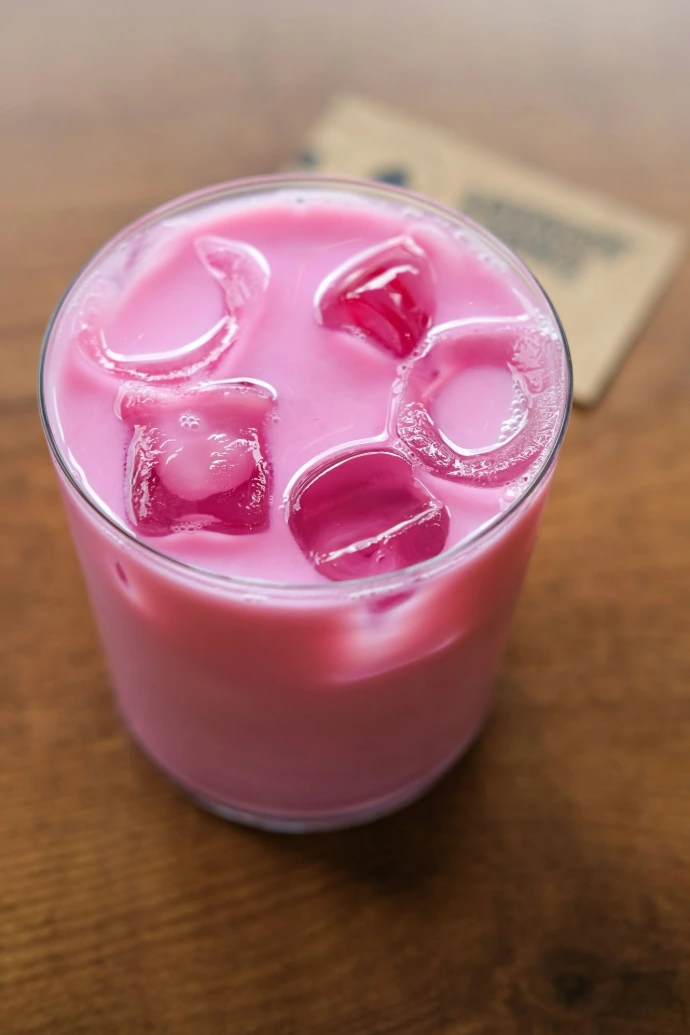 A refreshing pink drink with ice.